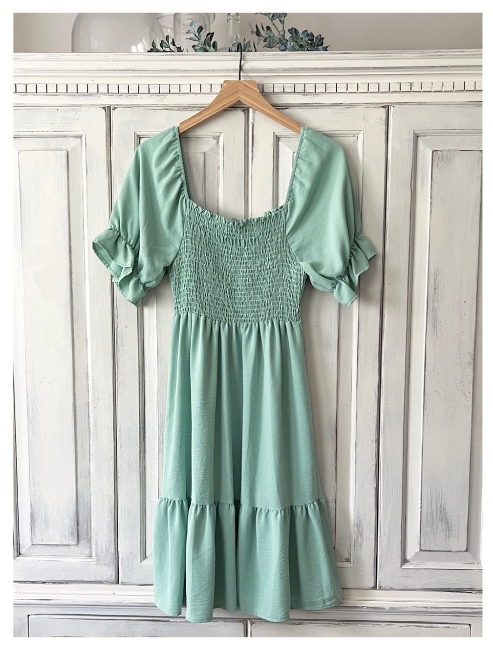 NWT SWEET ADELYN Smocked Puff-Sleeve Mini Dress in Dusty Mint MED